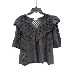 VIAM Black Eyelet A-Line Cotton Blouse Large L